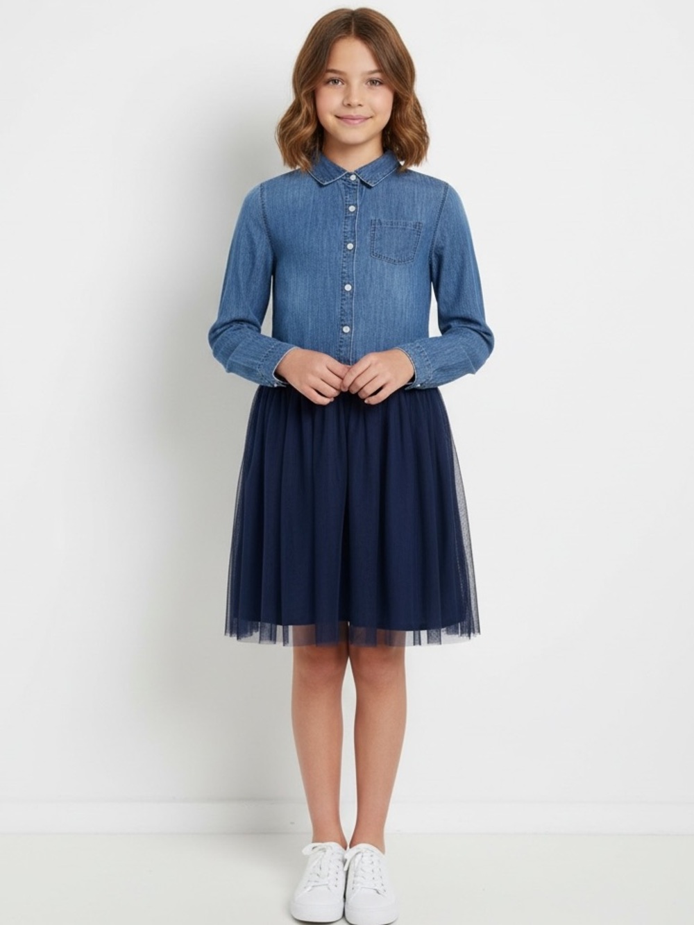 OshKosh Girls Denim Tulle Long Sleeve Button Down Shirt Dress Sz 14/14A